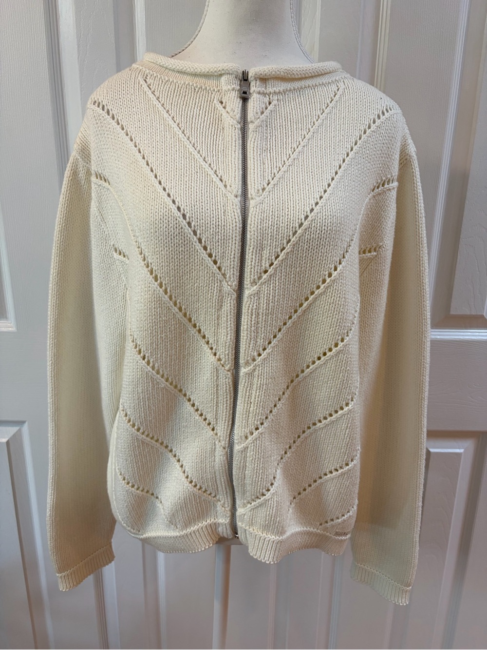 Blue Willi’s Ivory Cotton Zip Up Roll Neck Open Knit Cardigan Size M
